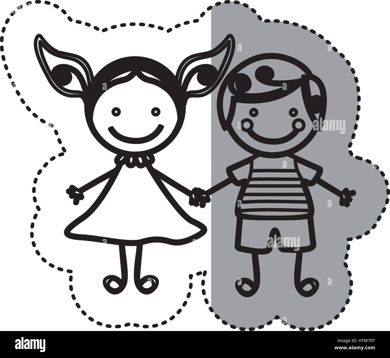 Pegatina silueta boceto caricatura pareja chico con el pelo rizado y una chica con vestido Ilustración del Vector