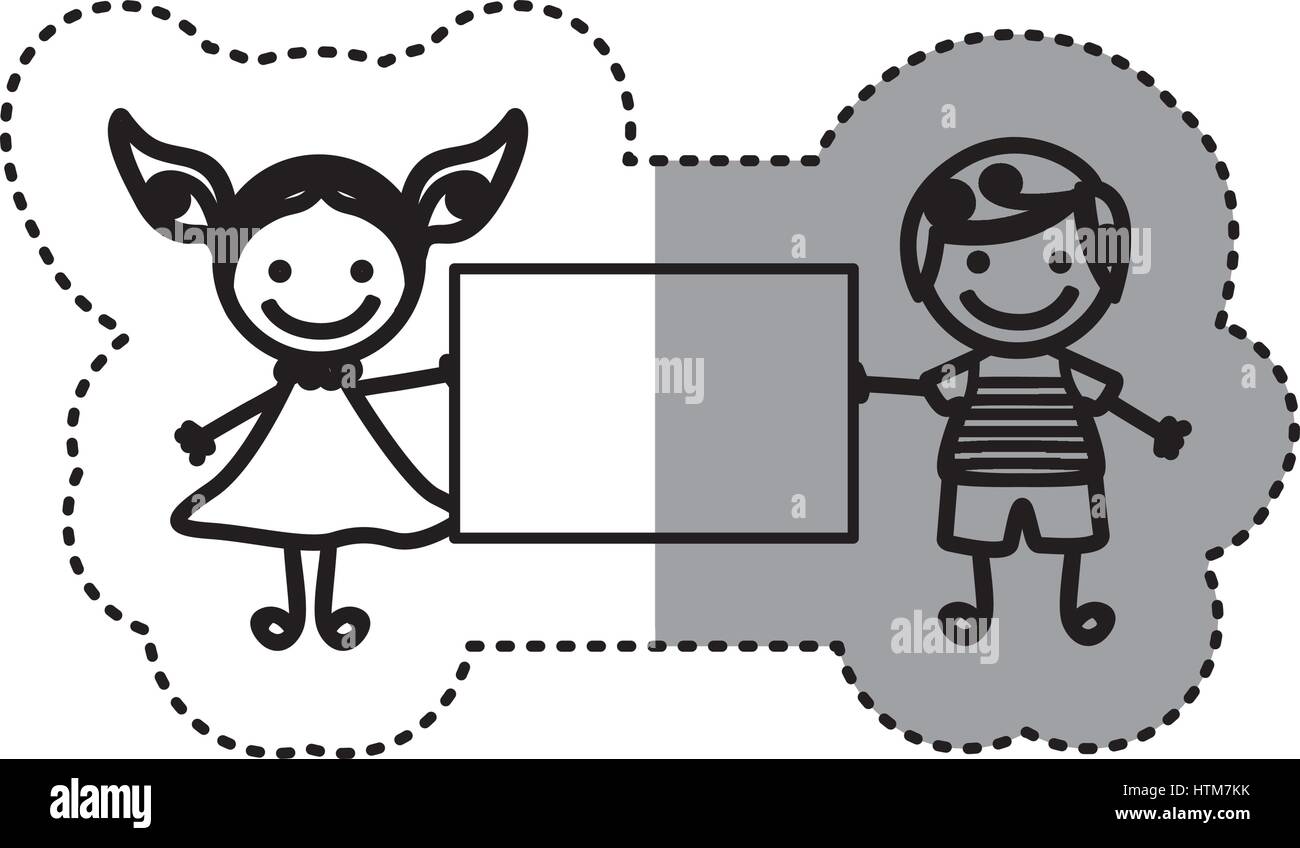 Pegatina silueta boceto caricatura pareja chico con el pelo rizado y una chica con vestido y banner Ilustración del Vector