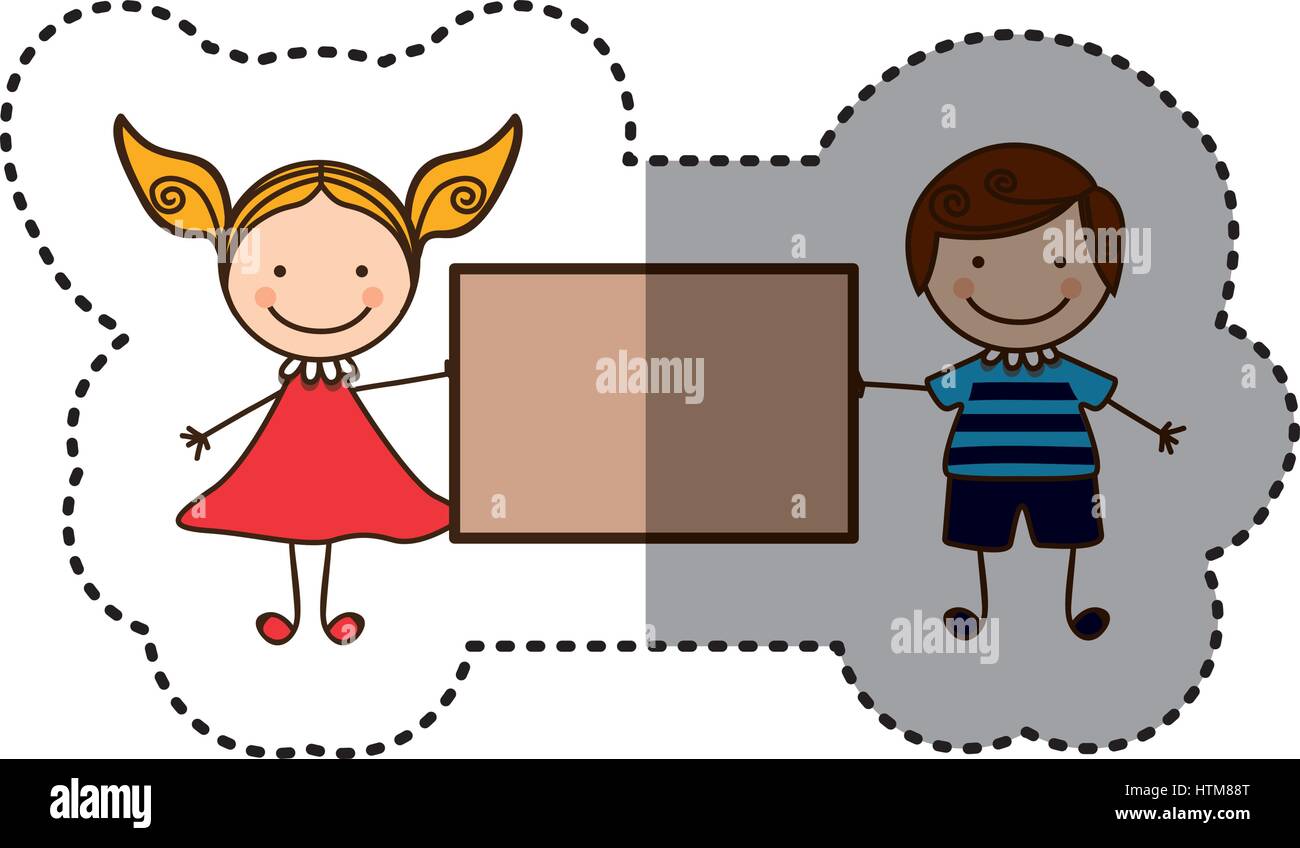 Pegatina colorida caricatura pareja chico con el pelo rizado y una chica con vestido y banner Ilustración del Vector