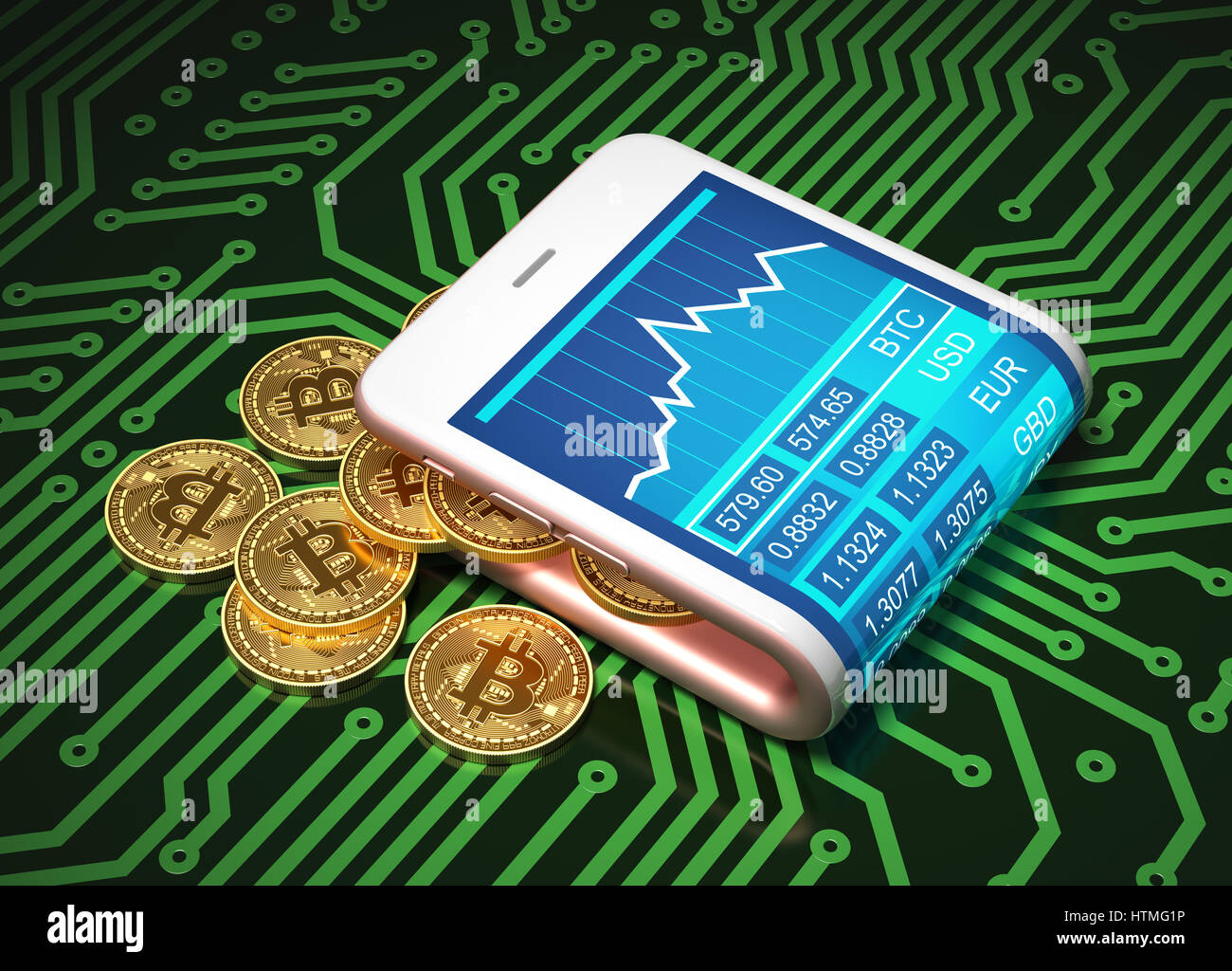 Concepto de monedero virtual y Bitcoins en placa de circuito impreso. Oro  Bitcoins derrame fuera de la Rosa Smartphone curvo. Ilustración 3D  Fotografía de stock - Alamy