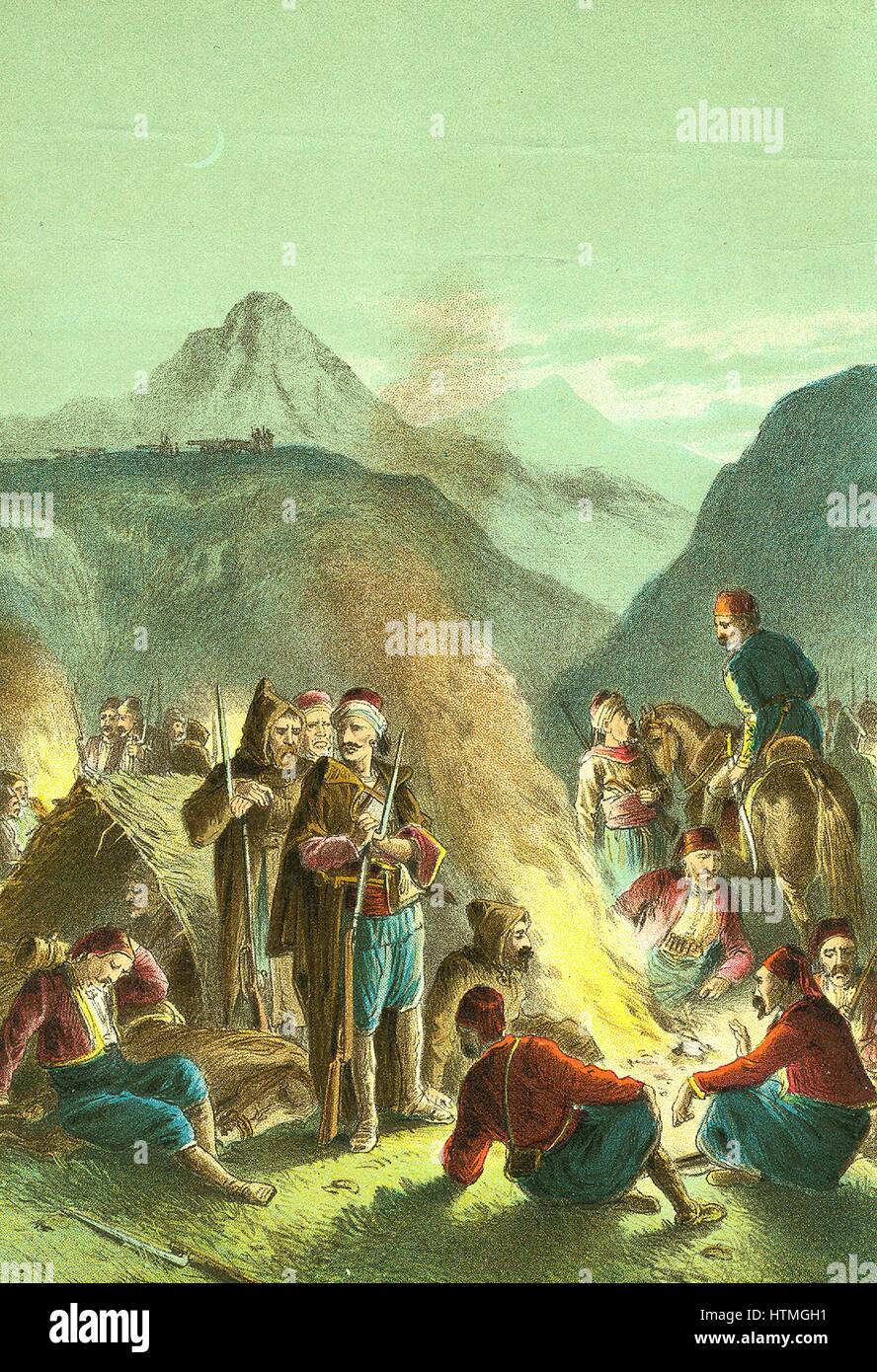 Guerra Russo-Turkish Turkihs 1877-1878: las fuerzas bajo el mando de Sulieman Pasha deteniéndose otras en el Shipka Pass, de agosto de 1877, durante el fallido intento de capturar Tgurish el pase de los rusos. Sulieman perdió 10.000 hombres, alrededor de la cuarta parte de su ejército. Chromolithograph Foto de stock