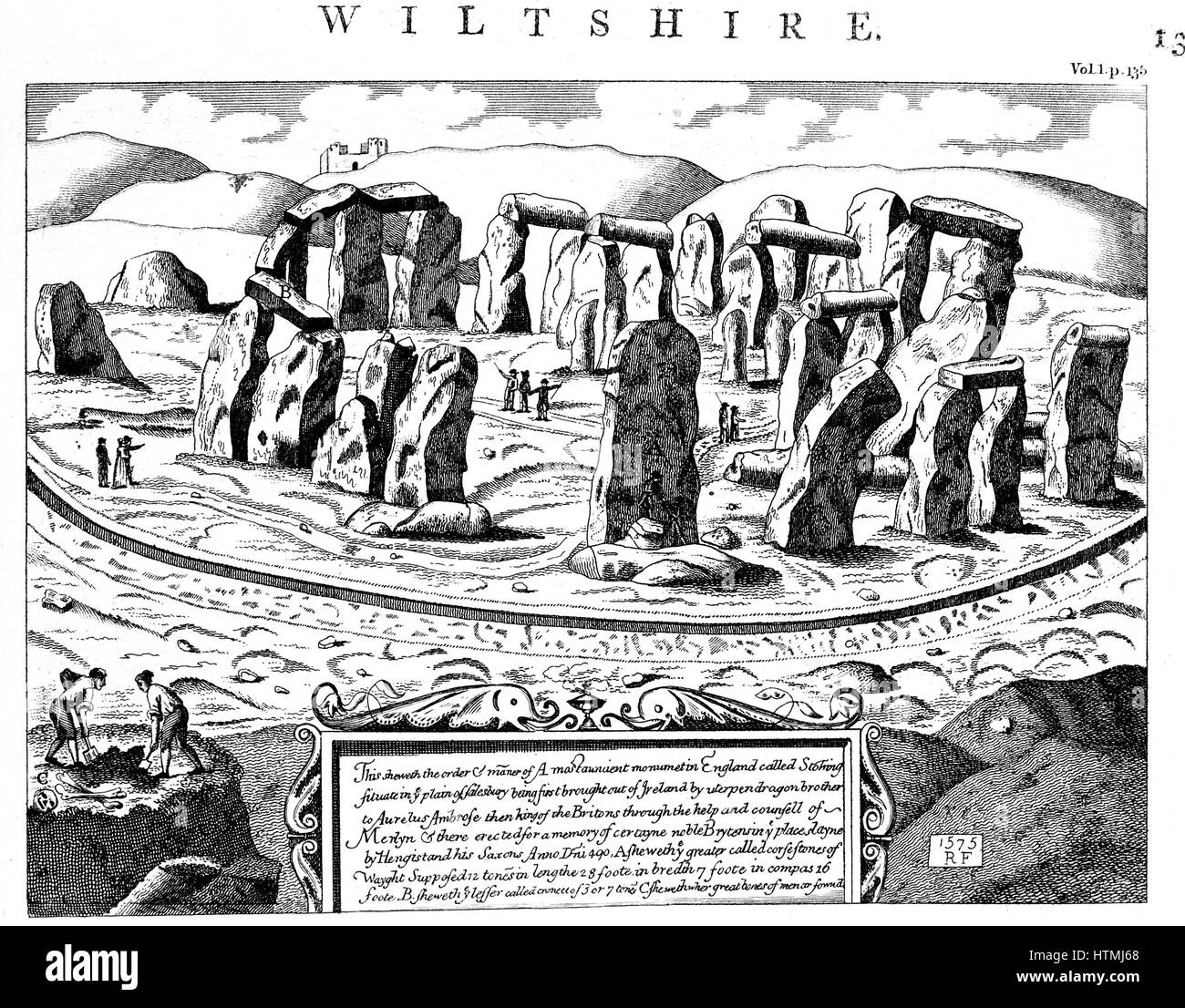 Stonehenge. Monumento megalítico en la llanura de Salisbury, Wiltshire, Inglaterra, que datan de C2800 C1800 BC-BC. Siglo XVIII copperplate grabado. Foto de stock