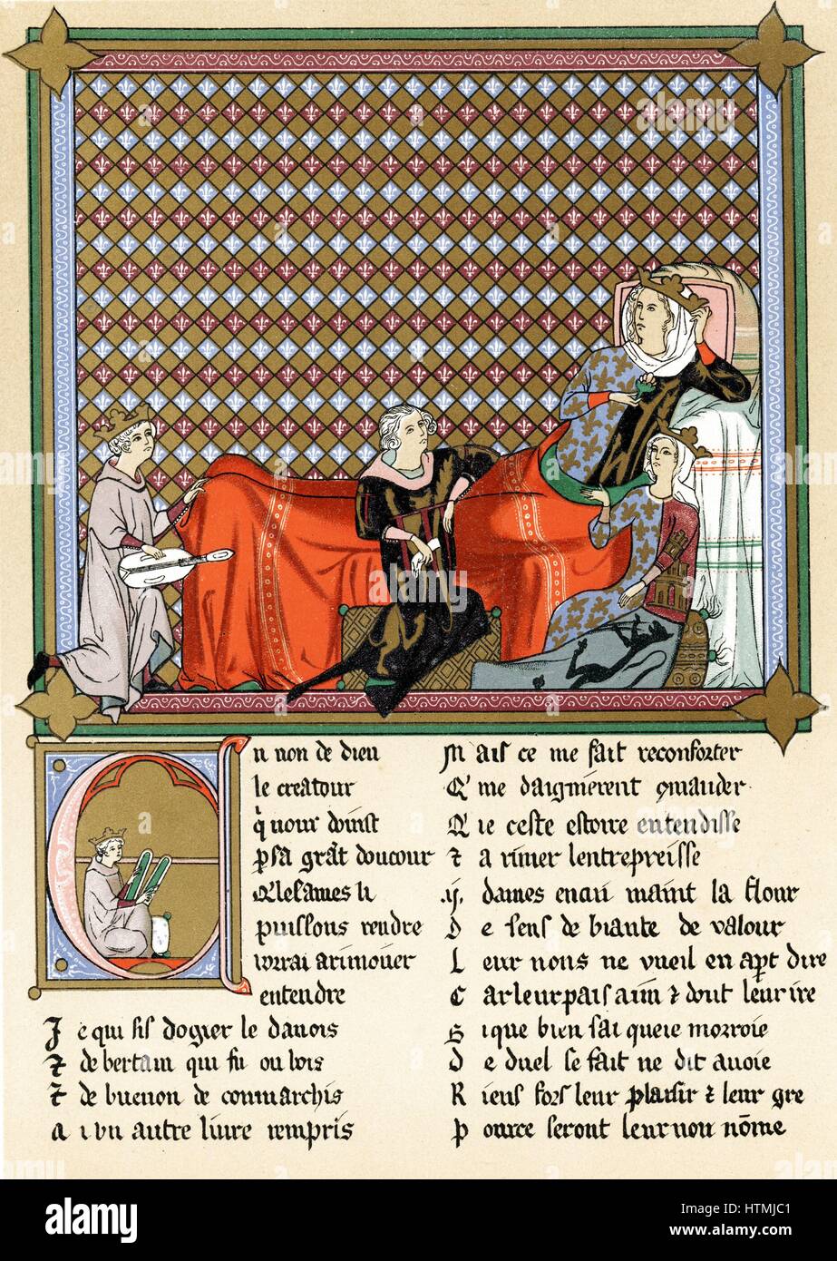 Adenet le Roi (c1240-c1300) "el rey de los juglares' poeta y músico francés, recitando "Roman de Cleomades' a Blanca de Castilla (1188-1252), esposa de Luis VIII de Francia, madre de Luis IX, nieta de Eleanor de Aquitaine y Mathilde de Brabante, Foto de stock