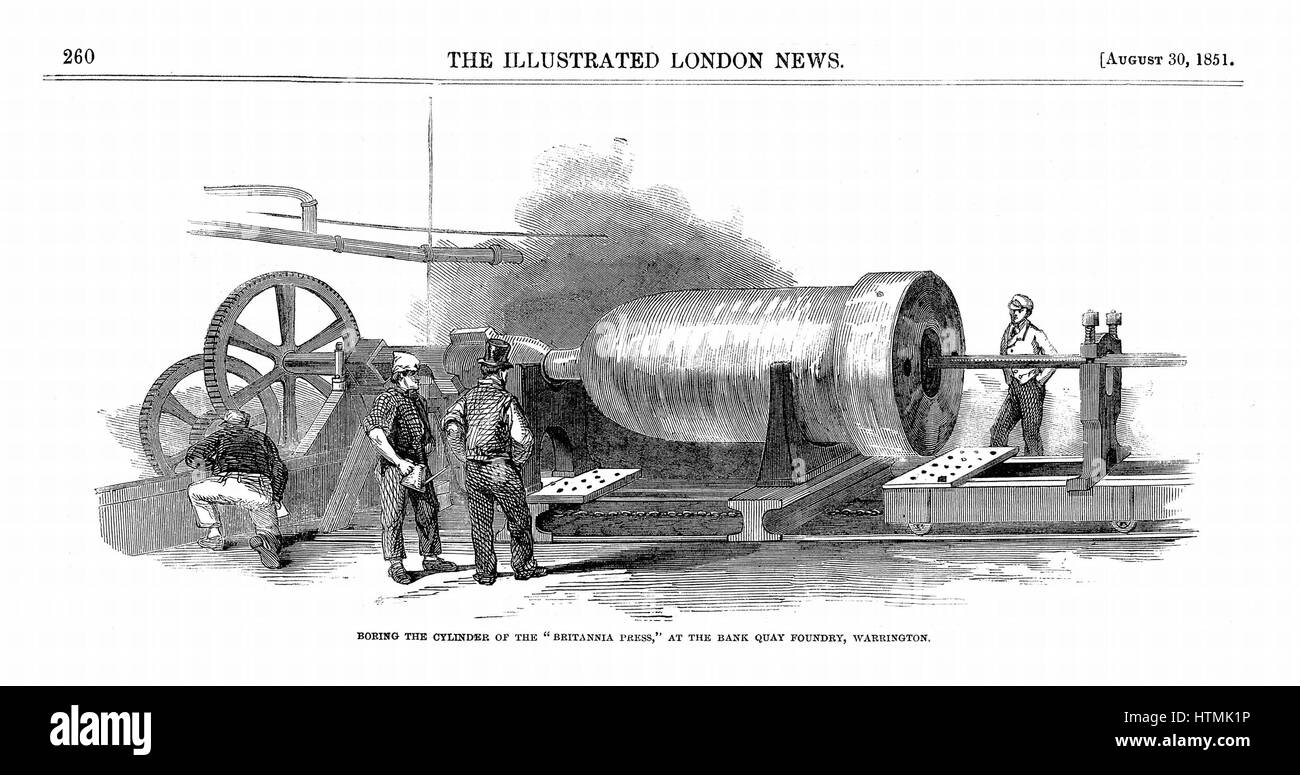 Aburrido, el cilindro de la prensa hidráulica (elevación) utilizado para elevar las secciones prefabricadas del Britannia tubular de puente a través del estrecho de Menai, Gales. Grabado en madera 1851 Foto de stock