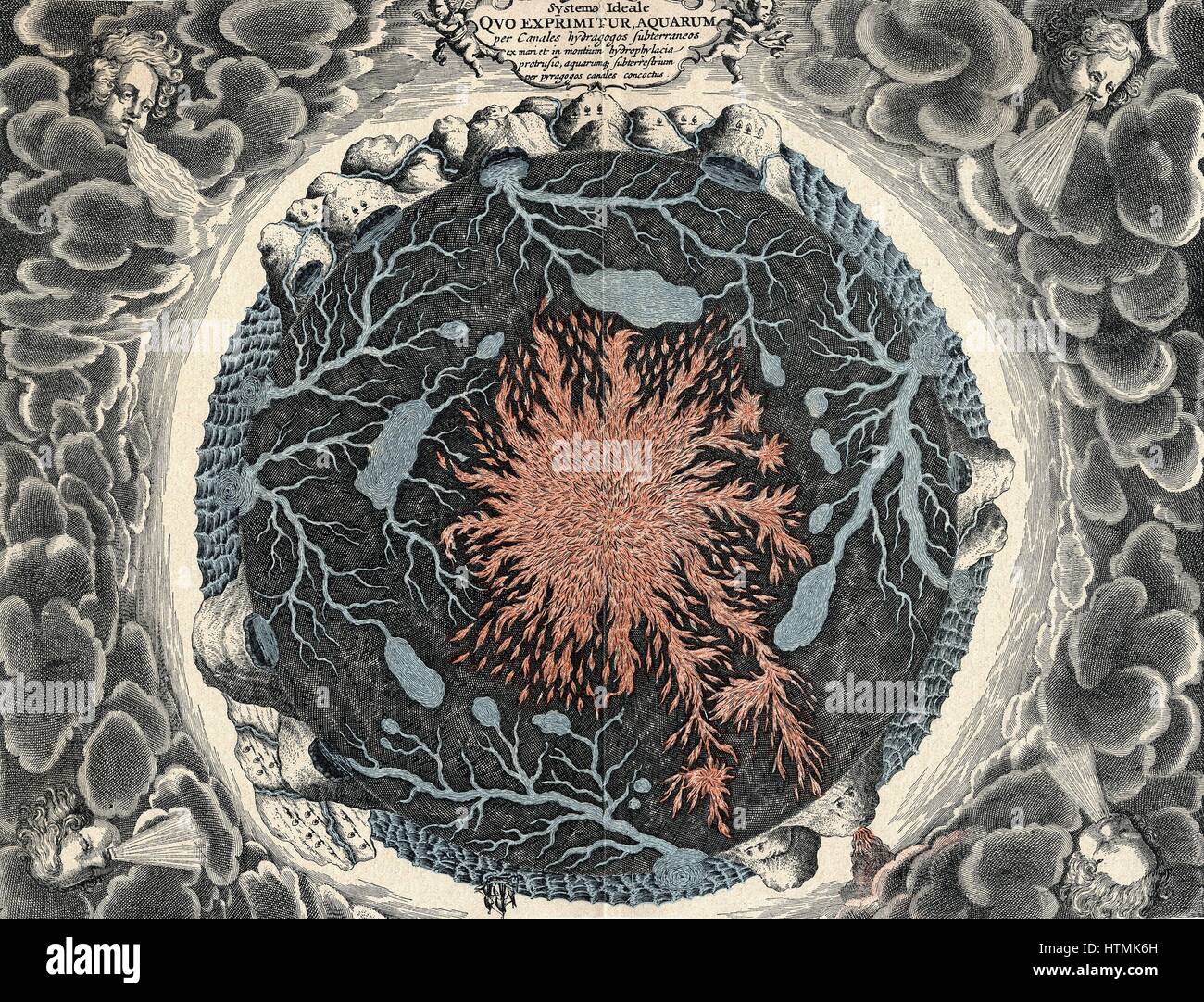 Vista transversal de la tierra, mostrando el fuego central y canales subterráneos vinculados a los océanos. Desde Athanasius Kircher "mundus" subterráneas, 1665 Foto de stock
