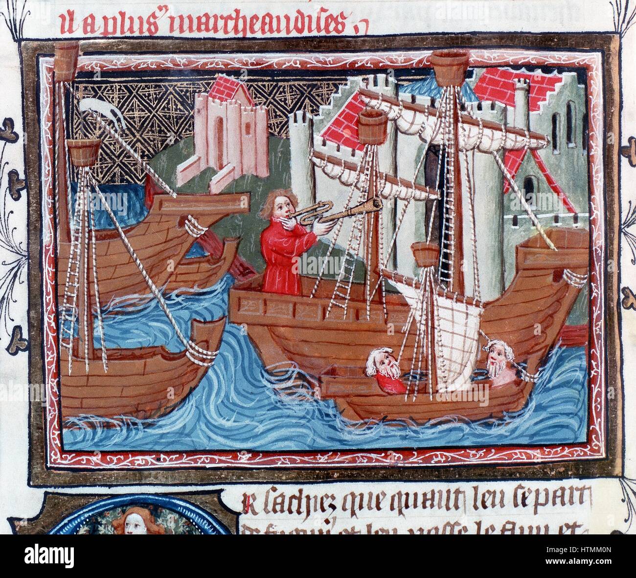 Los buques indios descrito por Marco Polo (1254-1324) en su "Libro de las Maravillas", pero más como la Unión Cog. Bodleian Library Foto de stock