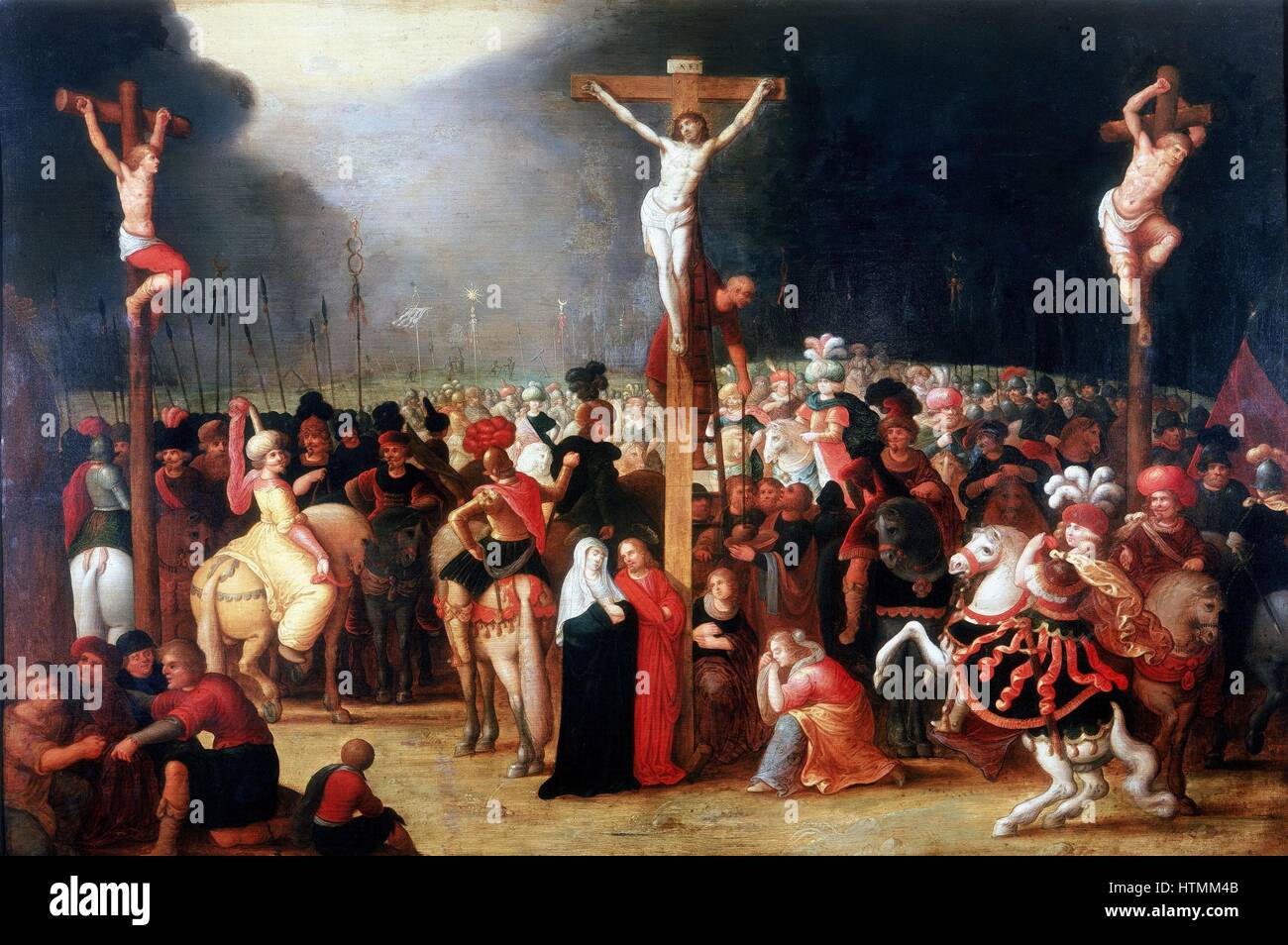 Frans FRANCKEN, el Joven (1581-1642), pintor flamenco. "Cristo crucificado entre los dos ladrones", oleo sobre madera. Al pie de la cruz, la Virgen con el apóstol san Juan, a la izquierda, y María Magdlene y María, la mujer de Cleofas (derecha). Musee des Foto de stock