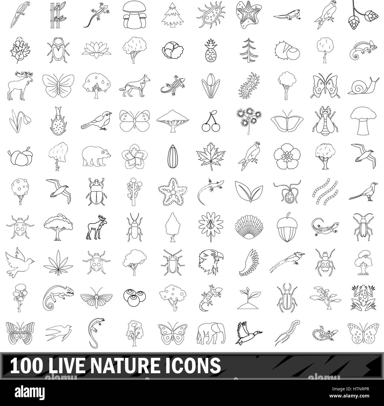 100 vivir la naturaleza, conjunto de iconos de estilo de esquema Ilustración del Vector
