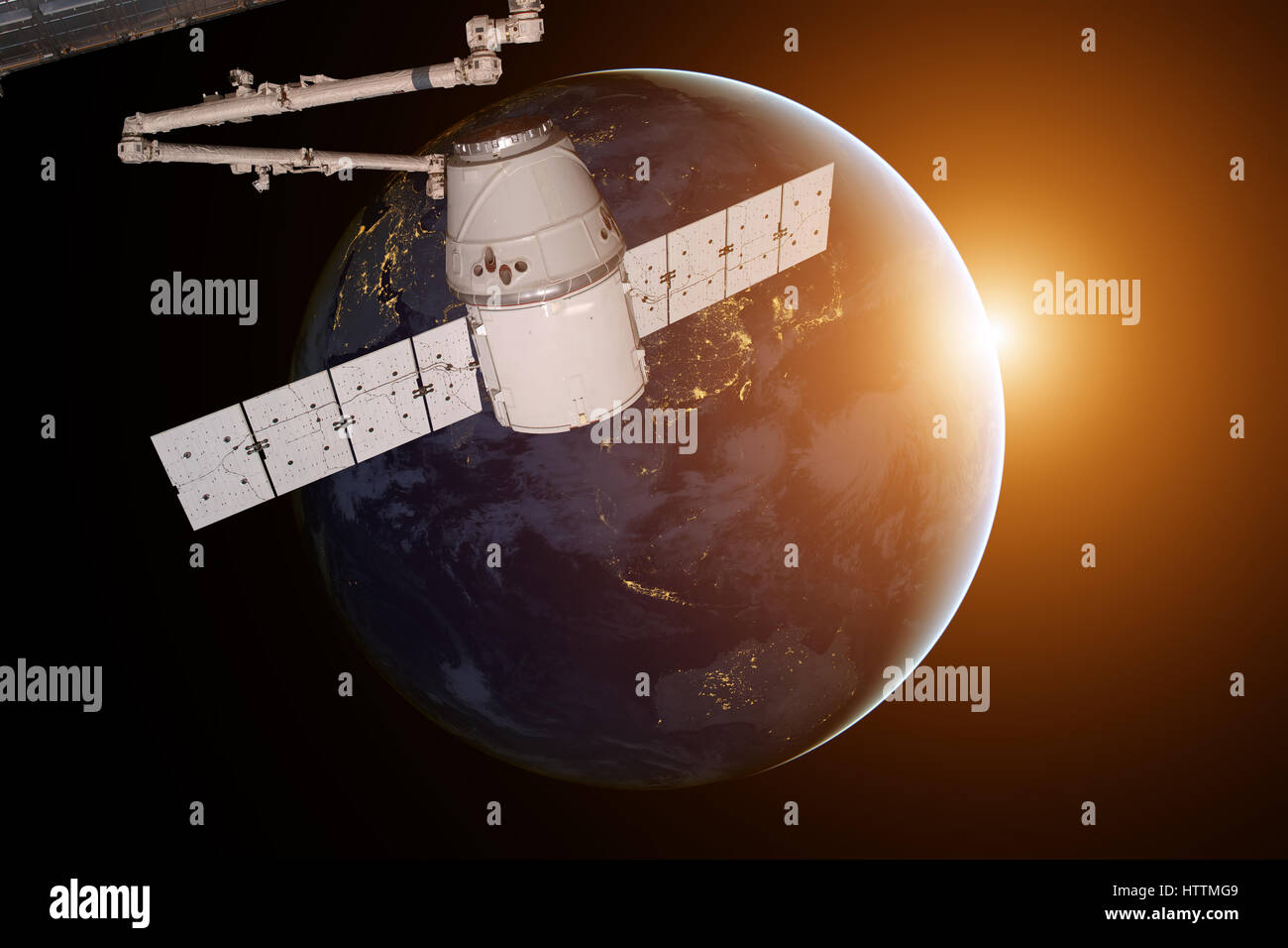 SpaceX Dragon orbitando el planeta Tierra. Foto de stock