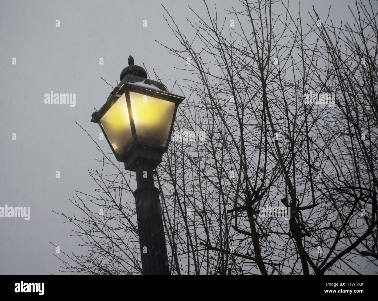 Un lampost durante una tormenta de nieve Foto de stock
