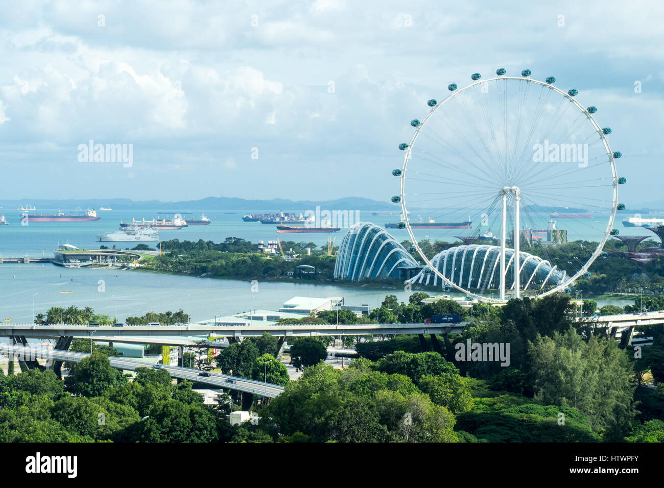 El Singapore Flyer, una noria gigante, junto a los jardines de la Bahía, Marina Sands, Singapur. Foto de stock