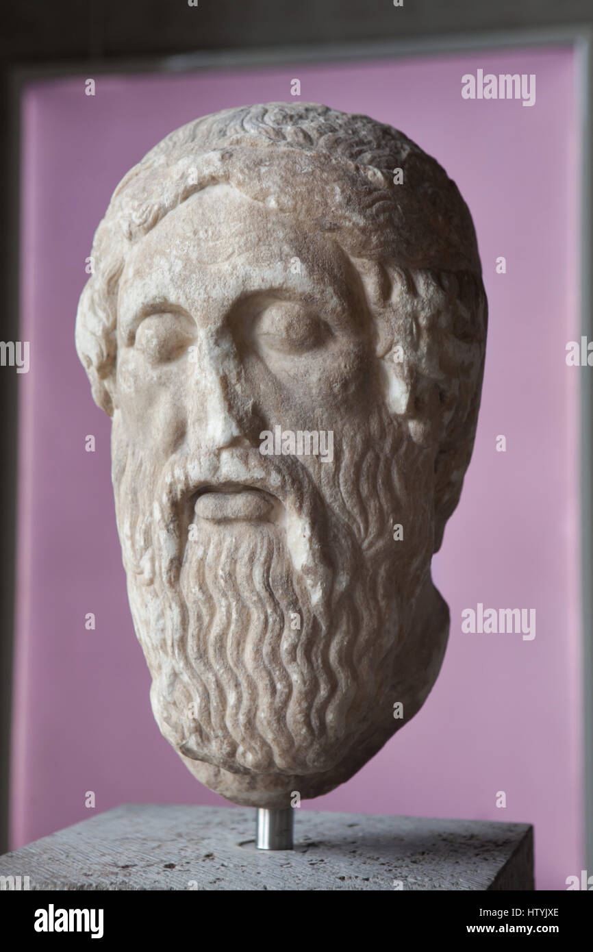 Jefe del poeta griego Homero. Copia romana después de un original griego de alrededor de 460 A.C. en exhibición en el Museo Glyptothek de Munich, Baviera, Alemania. Foto de stock