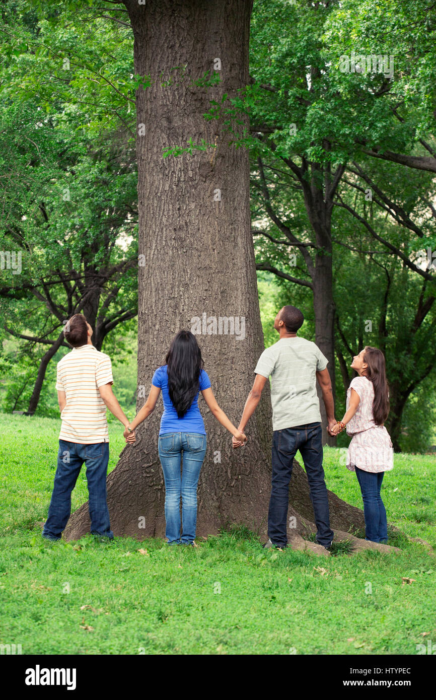 Amigos adolescentes pasar tiempo juntos en el árbol Foto de stock