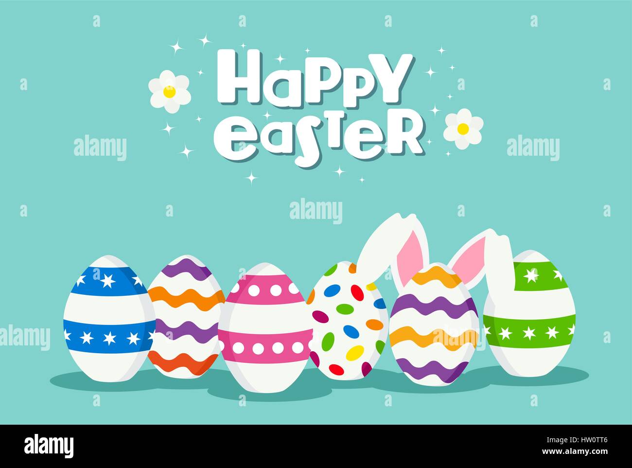 Felices fiestas de Pascua celebración tradicional con diseño de huevos pintados de blanco y orejas de conejo en la primavera. Vector EPS10. Ilustración del Vector