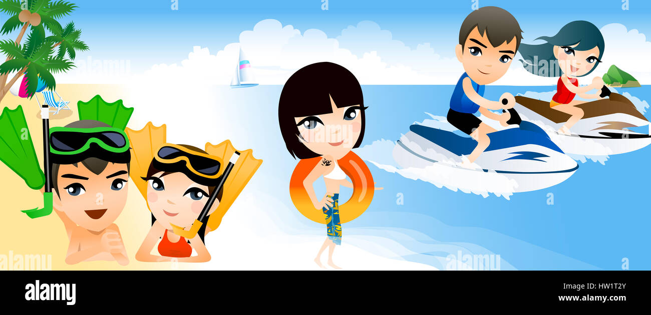 Solo adultos,golpes,pecho desnudo,playa,cloud,Coco,palmera de coco,color,color,Color  Image,par,día,disfrute,cinco personas,flipper,amistad,amigos,vista  delantera,longitud completa,diversión,cabeza y Fotografía de stock - Alamy