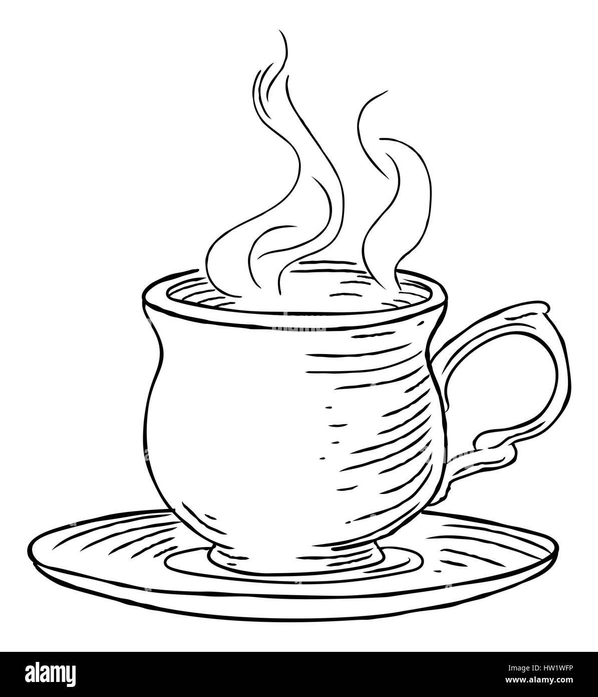 Una humeante taza de té o café y plato dibujar a mano en un retro vintage  grabados en xilografía o grabado estilo Fotografía de stock - Alamy