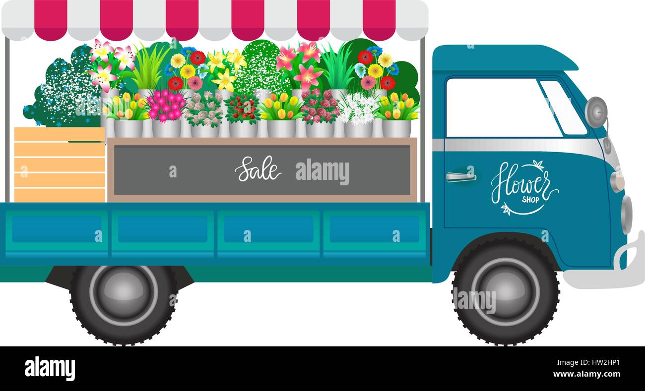 Tienda de flores. Flores tienda móvil sobre ruedas. Ilustración vectorial. Un coche azul con ramos de flores. Ilustración del Vector