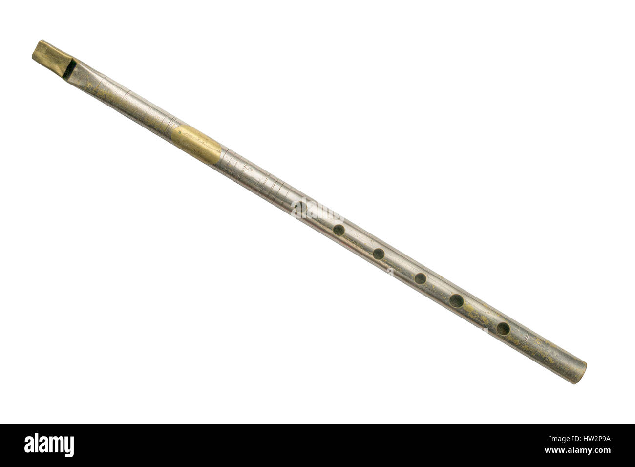 Penny whistle aka tin whistle. Original, viejo. Vista aérea. Retro