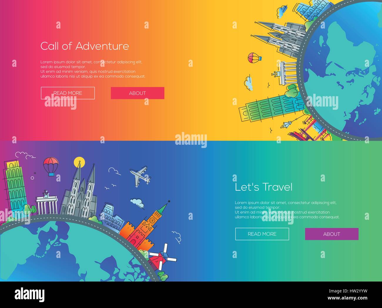 Diseño plano página web banners set de viaje Ilustración del Vector