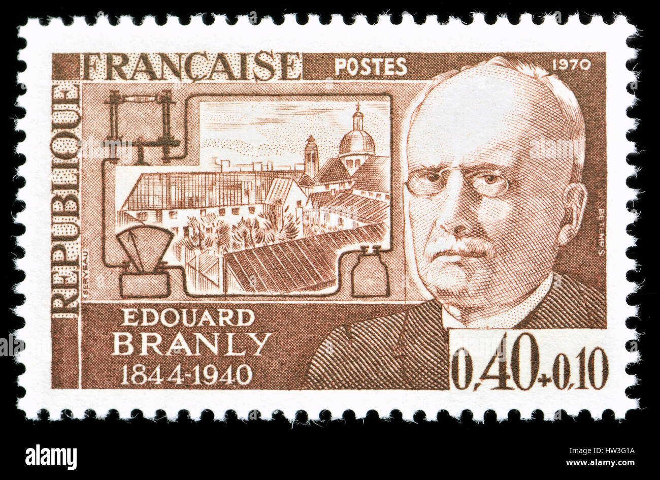 Sello francés (1970) : Édouard Eugène Désiré Branly (1844 - 1940) inventor francés, físico y profesor en el Institut Catholique de París. Foto de stock