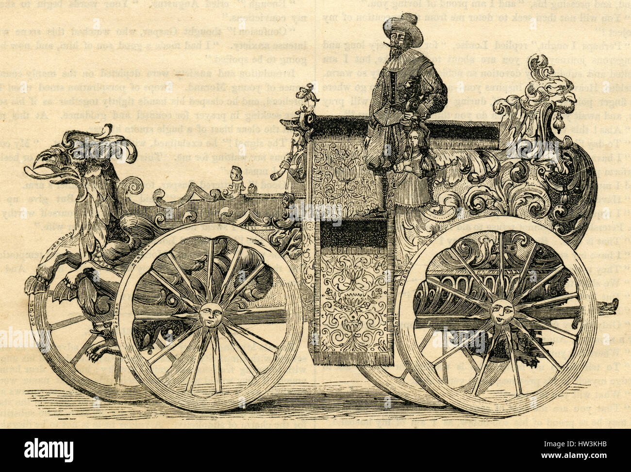 Antiguo grabado de 1854, "Un carro alemán del siglo 16." Fuente: grabado original. Foto de stock