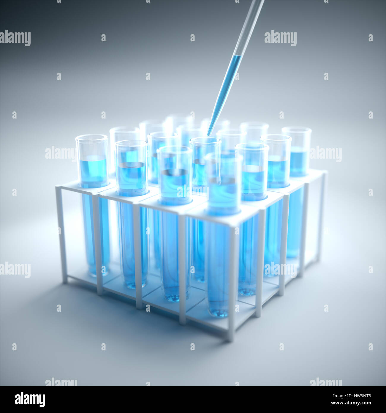 Ilustración 3D. Tubos de ensayo llenos de Química, Ciencia azul concepto y laboratorio. Foto de stock
