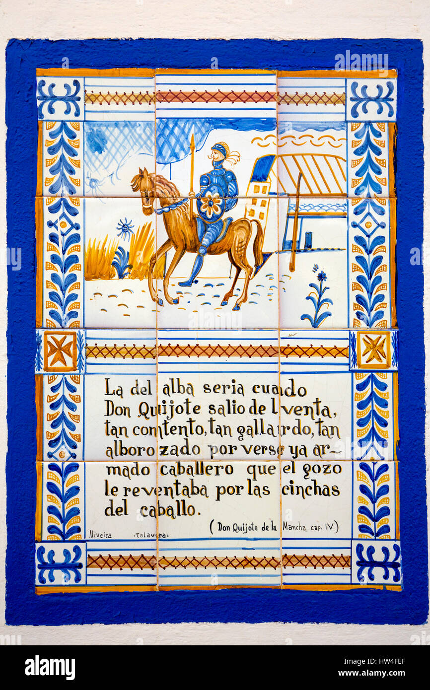 Azulejos de mosaico de Don Quijote. Venta del Quijote. Puerto Lapice, provincia de Ciudad Real, Castilla La Mancha, España Europa Foto de stock