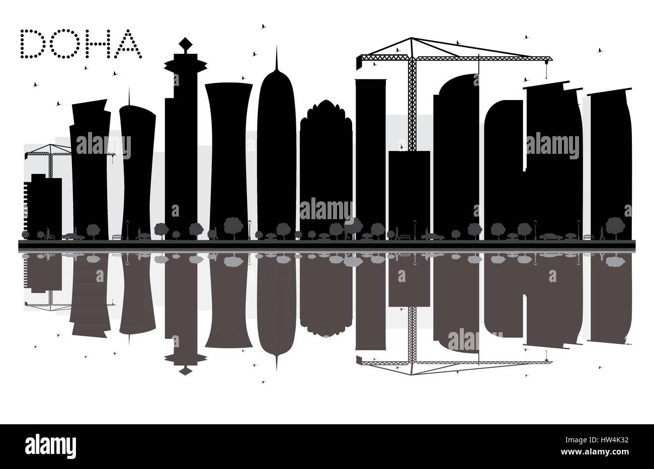 El horizonte de la ciudad de Doha silueta en blanco y negro con reflejos. Ilustración vectorial. Plano simple concepto de turismo presentación, banner Ilustración del Vector