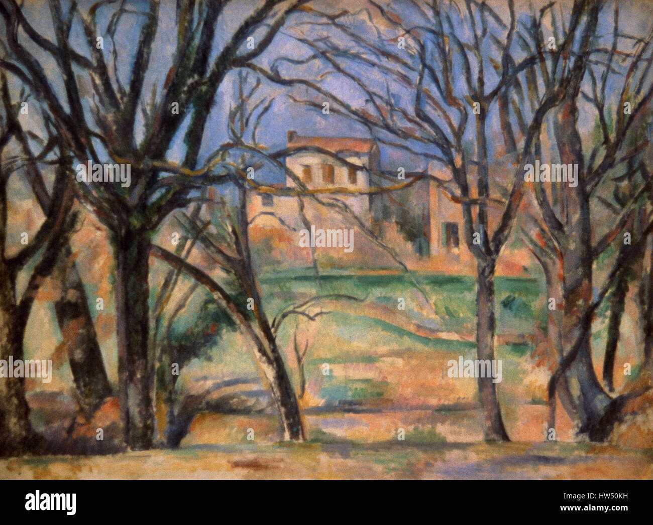 Paul Cezanne (1839-1906). El pintor francés. Postimpresionista. Árboles y casas. Óleo sobre lienzo, 1885-1886. Orangerie Museo. París. Francia. Foto de stock