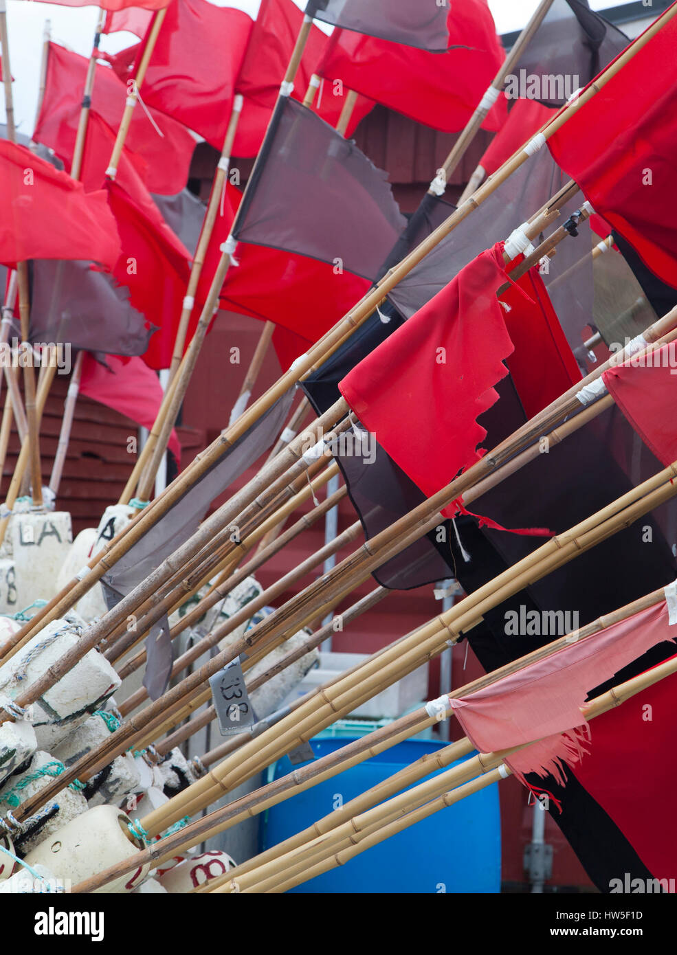Banderines de color rojo para la fishermens net en el puerto de Borstahusen Foto de stock