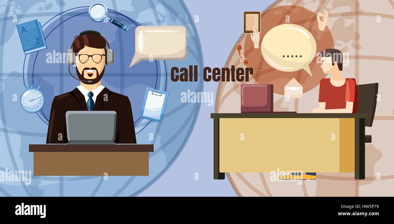 Concepto de diálogo del centro de llamadas, estilo de dibujos animados  Imagen Vector de stock - Alamy