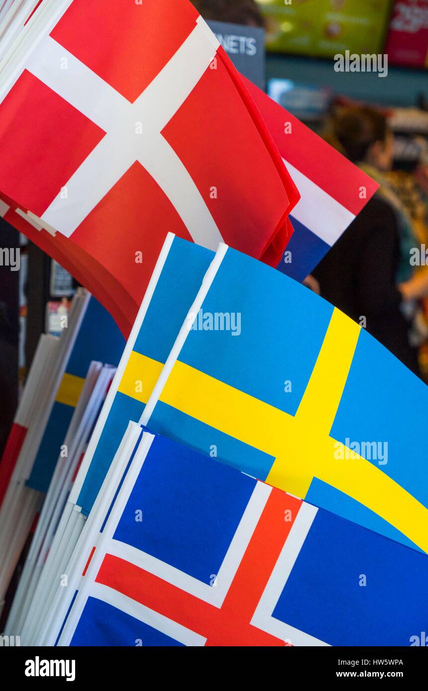 Dinamarca, Zelanda, Copenhague, recuerdo banderas escandinavo, Dinamarca, Suecia y Noruega. Foto de stock