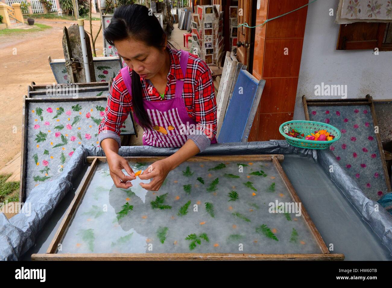 Laos, en la provincia de Luang Prabang, Ban Xan Hai en el río Mekong, se especializa en la destilación de vino de arroz, el trabajo de la seda y papel Saa fabricada a partir de la corteza de la morera Foto de stock
