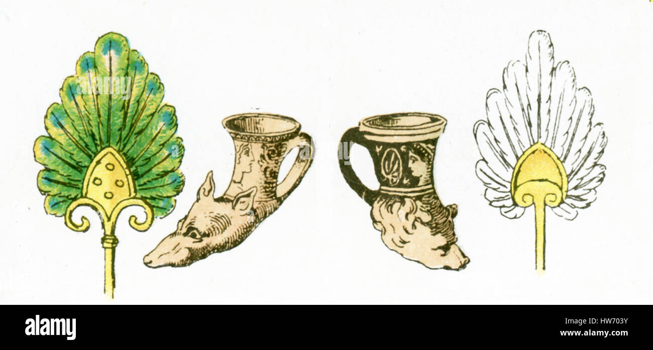 La ilustración muestra el griego antiguo artefactos. Ellos son, de izquierda a derecha: un ventilador, dos cuernos, potable y un ventilador. La ilustración se remonta a 1882. Foto de stock