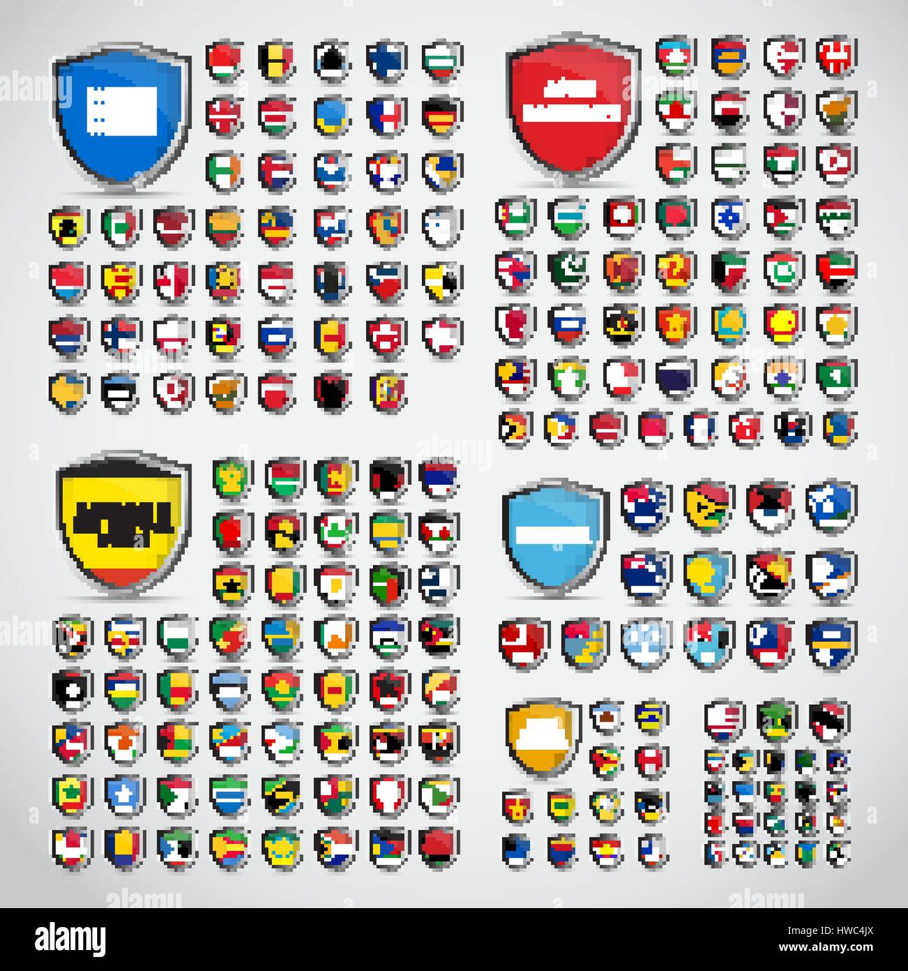 Gran conjunto de escudos con las banderas de los países de América del Sur y América del Norte, África, Asia, Europa y Oceanía y sus nombres. Ilustración vectorial Ilustración del Vector