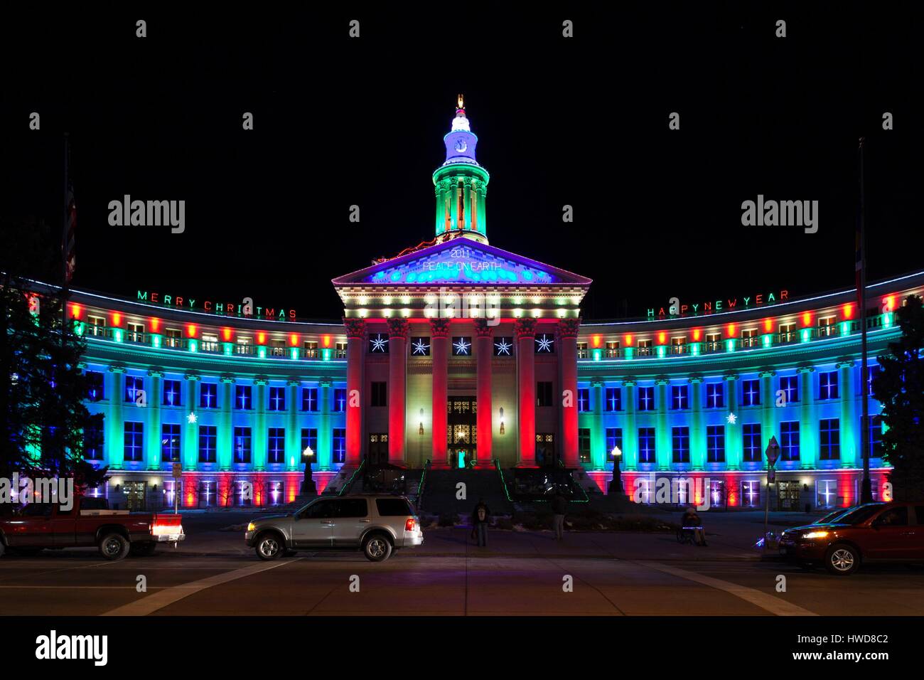 Estados Unidos, Denver, Colorado Denver, Ciudad y País de construcción con las luces de Navidad Foto de stock