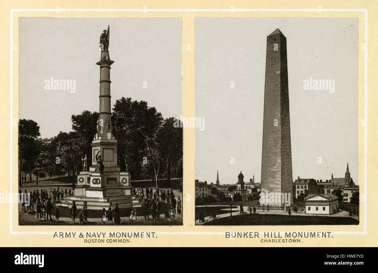 1883 impresión monocromática de antigüedades desde un álbum de recuerdos, mostrando el Ejército y Armada monumento (Boston Common) y el Bunker hill Monument (Charlestown) en Boston, Massachusetts. Diseñado por Martin Milmore, los soldados y marineros monumento fue erigido en memoria de los soldados y marineros de Massachusetts que murieron en la Guerra Civil Americana. El Bunker Hill monumento fue erigido para conmemorar la Batalla de Bunker Hill, que fue uno de los primeros grandes batallas entre británicos y las fuerzas patriotas en la Guerra Revolucionaria Americana, libraron allí el 17 de junio de 1775. Impreso con la Glaser/Frey proceso litográfico, Foto de stock