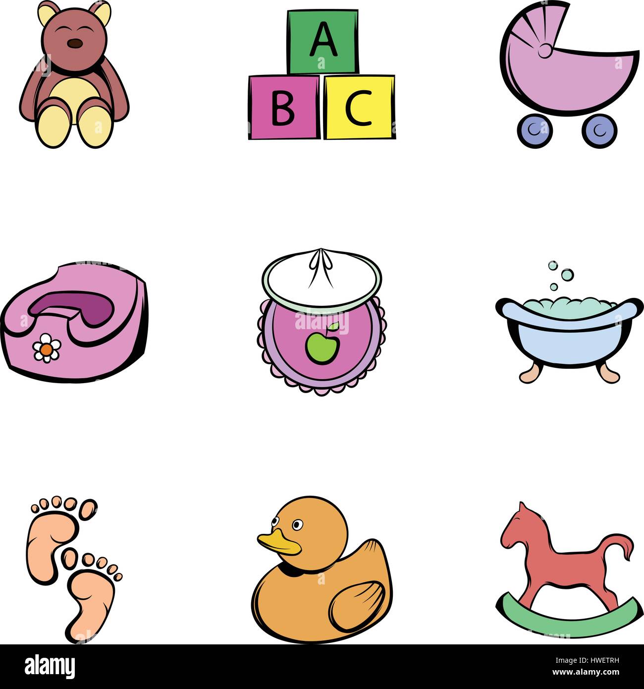 Las cosas del bebé, los iconos de estilo de dibujos animados Imagen Vector  de stock - Alamy