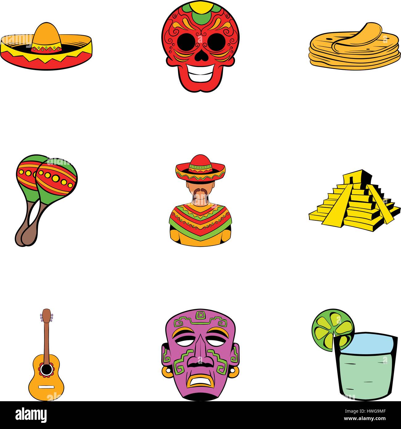 Los iconos de la cultura mexicana, estilo de dibujos animados Imagen Vector  de stock - Alamy