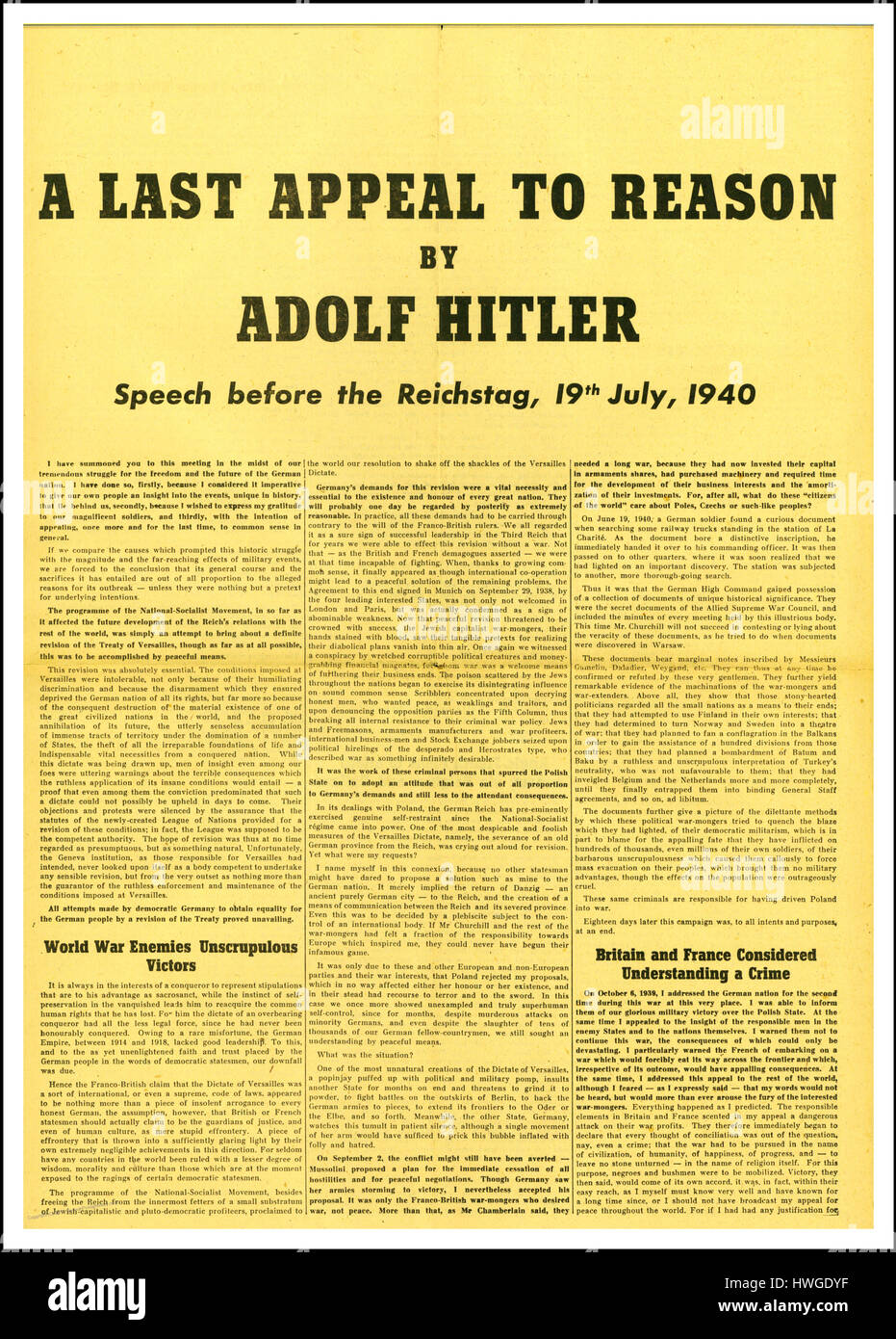 Discurso pronunciado por Adolf Hitler en el Reichstag el 19 de julio de 1940 para justificar su agresivo belicismo 'último llamamiento a la razón" Foto de stock
