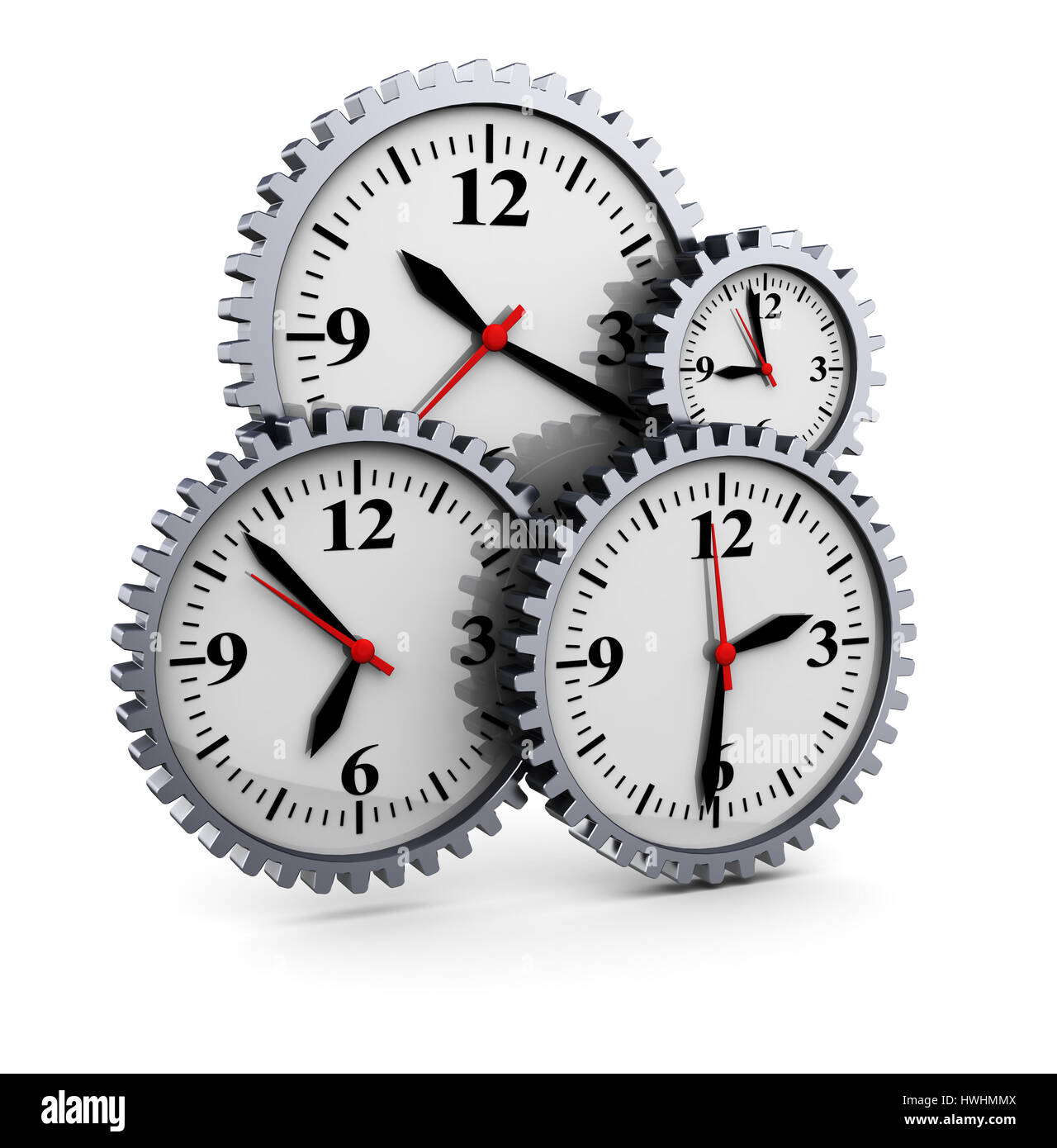 Ilustración 3d abstracto de relojes de ruedas de engranaje, sobre fondo blanco. Foto de stock