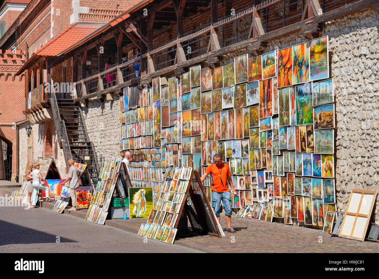 Gemaelde, Verkauf, Stadtmauer, Pijarska, Krakau, Polen Foto de stock