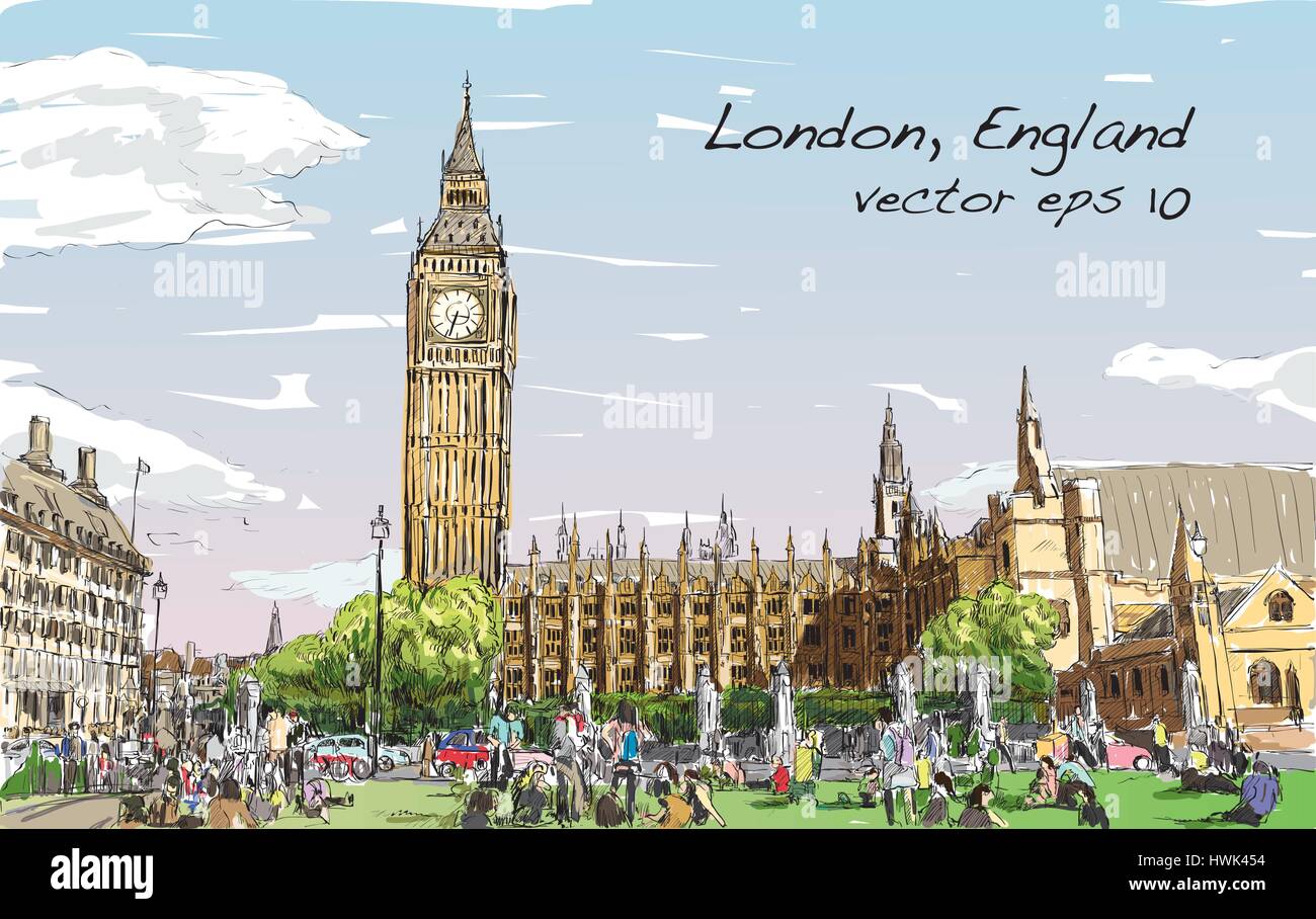 Croquis del paisaje urbano de Londres, el Big Ben y las casas del parlamento con los pueblos en el espacio público, la ilustración Ilustración del Vector