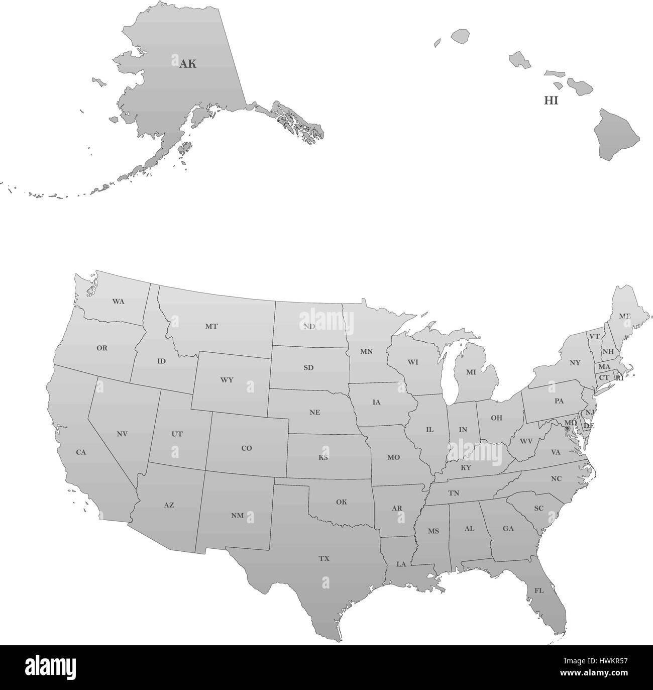 Mapa detallado de los Estados Unidos, incluyendo Alaska y Hawai. Estados Unidos con cada abreviatura de estado Ilustración del Vector