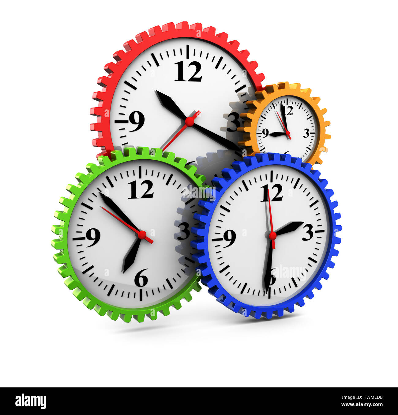 Ilustración 3d abstracto de relojes de ruedas de engranaje, sobre fondo blanco. Foto de stock