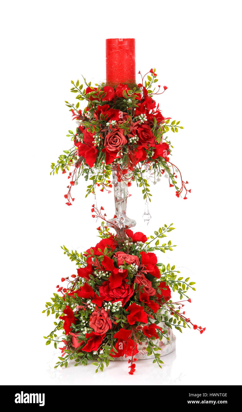 Decoración con flores y velas composición Foto de stock