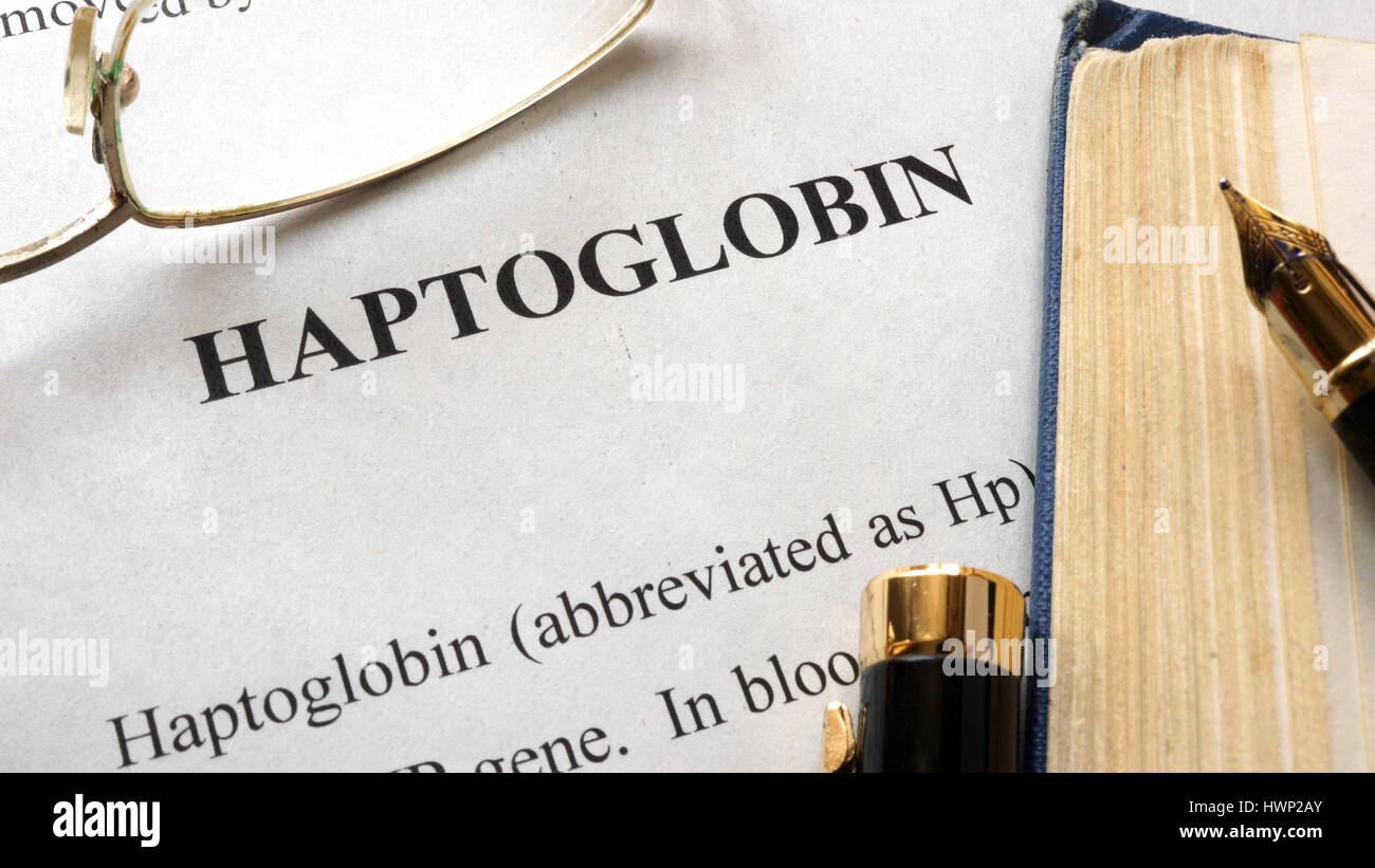 Título de la página con la haptoglobina sobre una superficie. Foto de stock