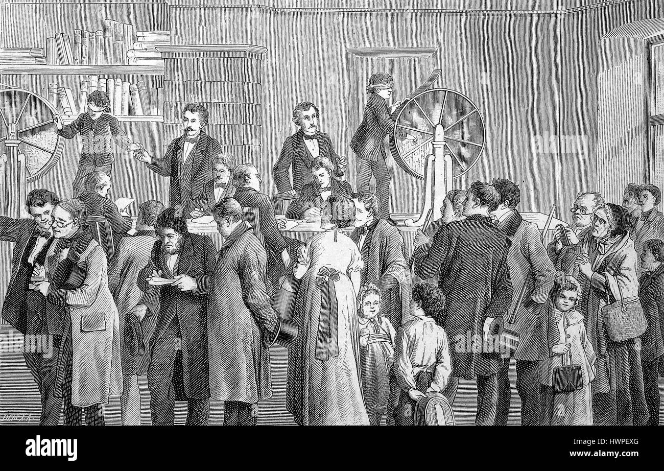 Sorteo de la lotería del estado de Prusia real en Berlín, Alemania, la reproducción de una xilografía original a partir del año 1882, digital mejorado Foto de stock