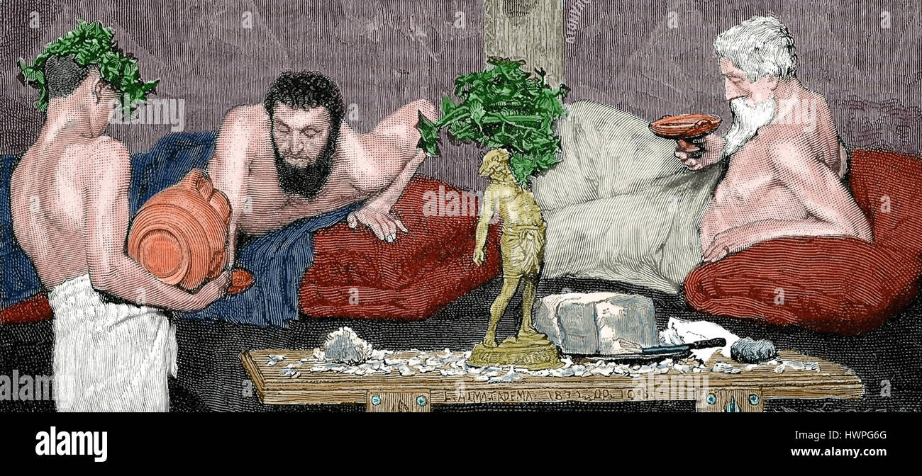 La antigua Grecia. Los hombres en el banquete. Grabado por Grecia y Roma, 1879. Coloreada. Foto de stock