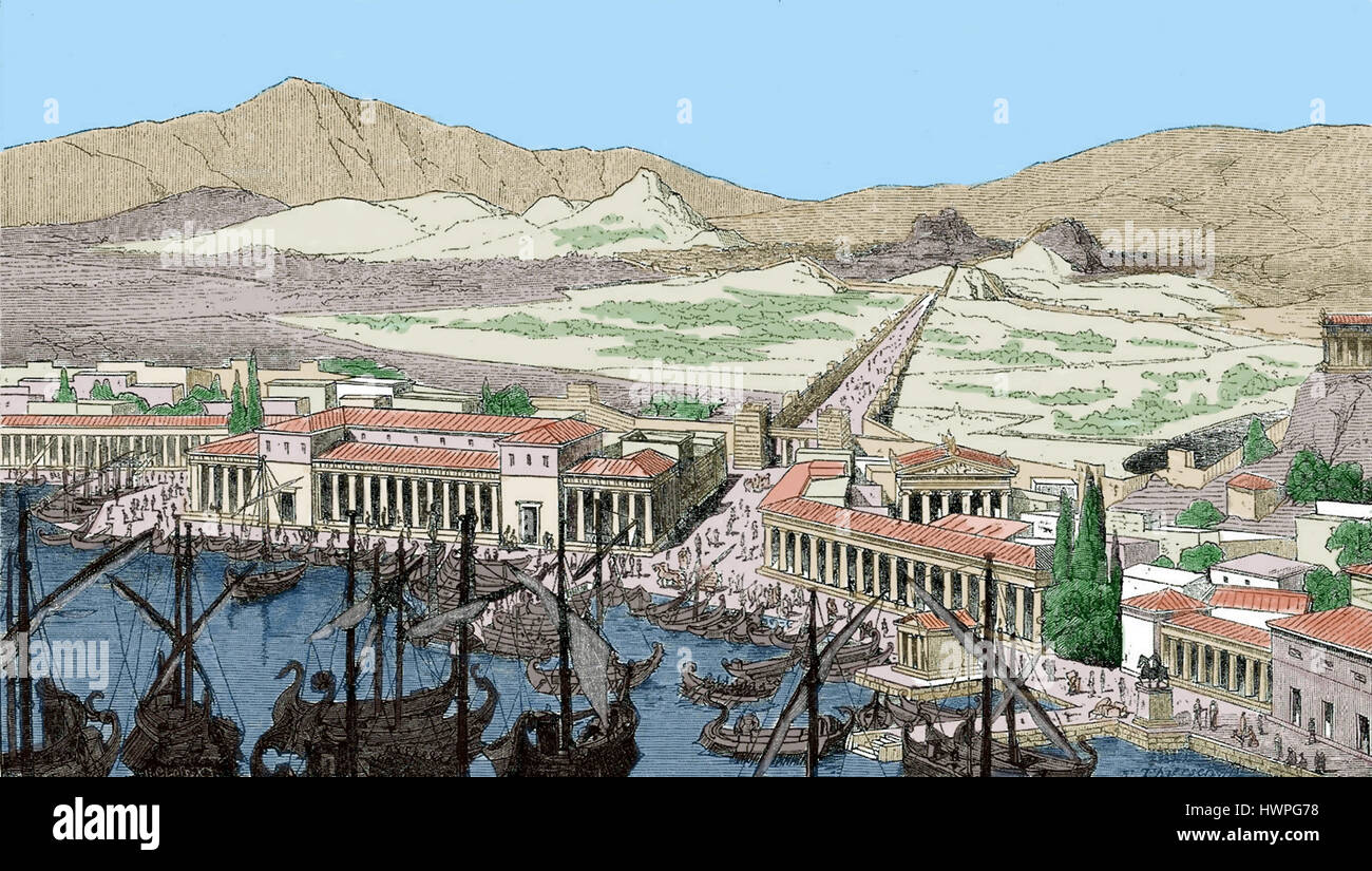 La antigua Grecia. Atenas. El puerto de Piraeus. Grabado, coloreadas. Grecia y Roma, 1879. Foto de stock